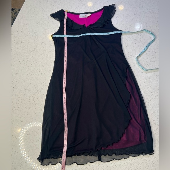 Vintage Scarlett Black Sheer Overlay Hot Pink Ruffle Collar Hem Mini Shirt Dress - Picture 11 of 13